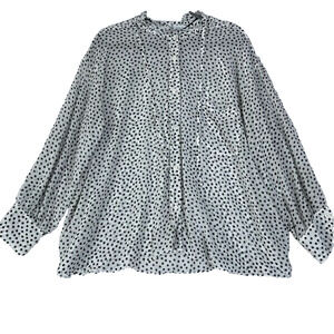 Zara Blouse Womens Large Oversized Polka Dot Button Up Black White Sheer Ruffle